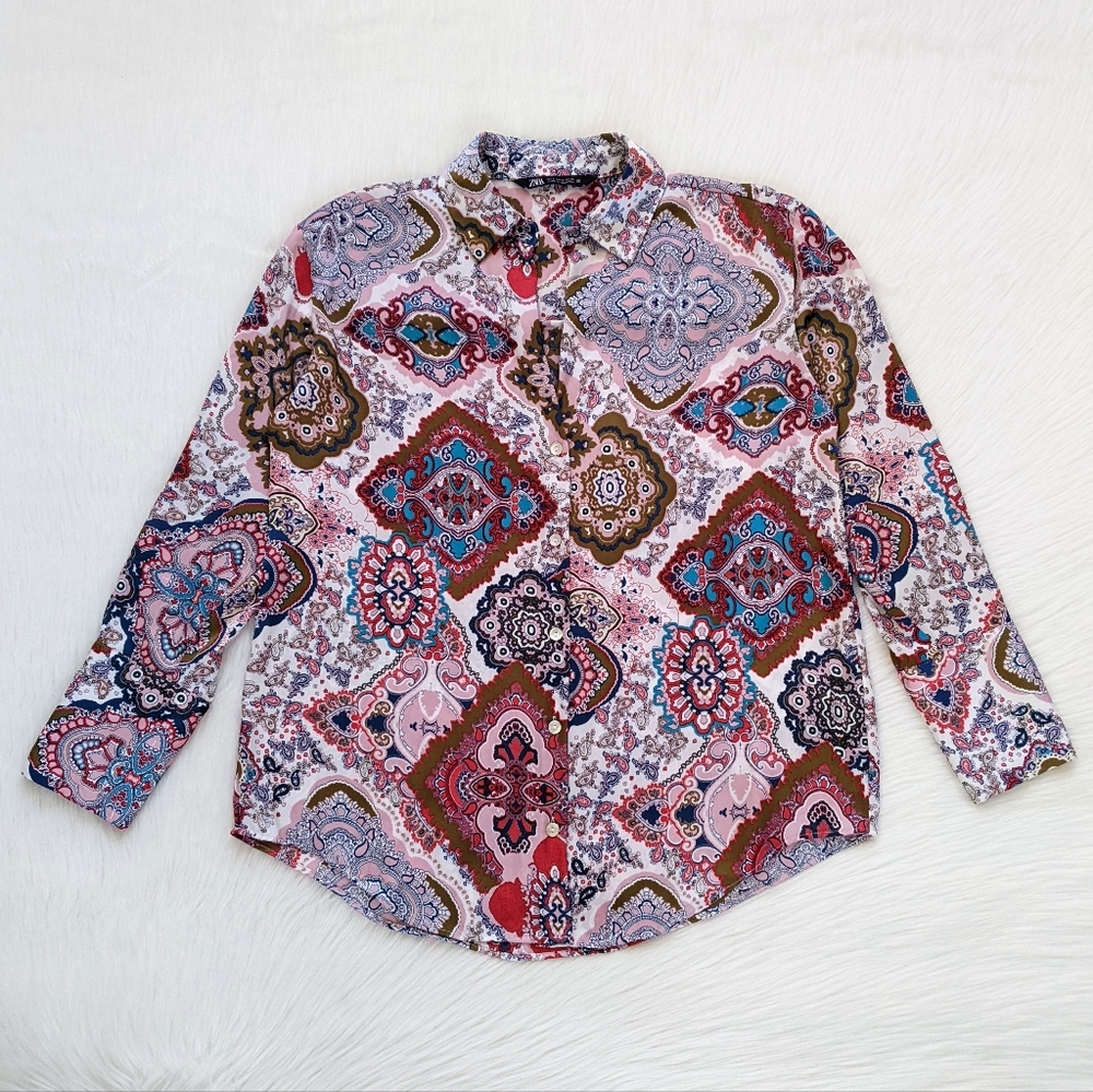 Zara Boho Paisley Print Multicolor Button Up Blouse Top | S